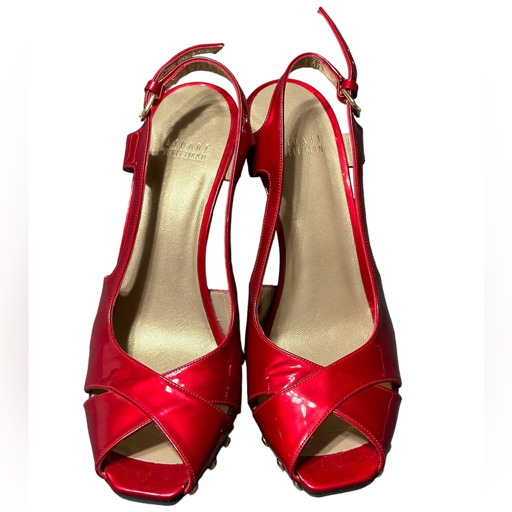 Stuart Weitzman Blenny Red Platform Peep Toe Gold Stud Slingback Pump Heels 9